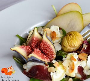 huiles et olives, salade multivitaminée figue, poire, charolais