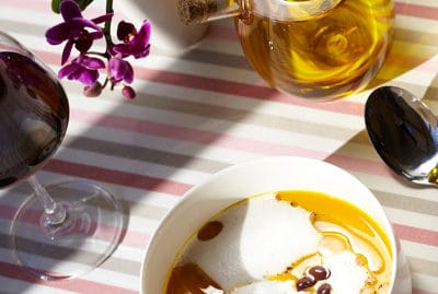 huiles et olives, crème de potiron, lard, oeuf poché