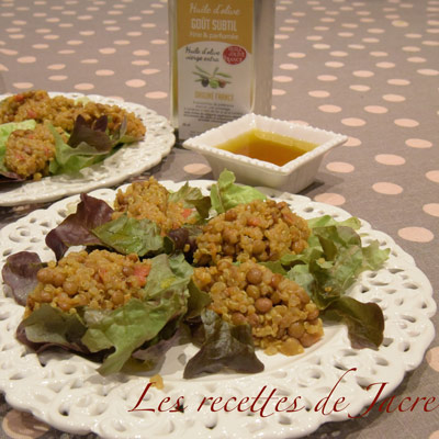 huiles et olives, salade de lentilles corail, quinoa