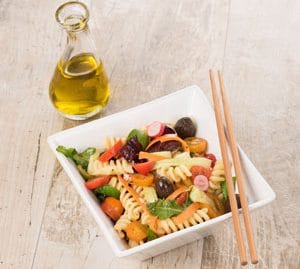 recette de salade de pâtes vegan, huile d'olive de France