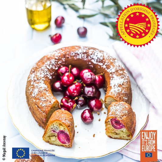 huiles et olives, recette, Gâteau chocolat blanc, cerises, huile d'olive