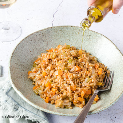 huiles et olives, recettes, risotto petit épeautre légumes carottes