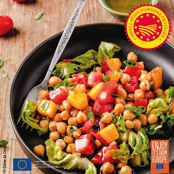 huiles et olives, recettes, salade tomate peche pois chiche