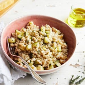 Huiles et olives, recettes, risotto d'orge aux courgettes et parmesan