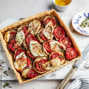 huiles et olives, tarte aubergine-tomate-mozzarella