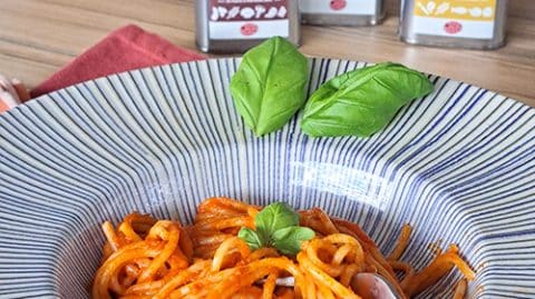 huiles et olives, recettes, spaghettis crémeux poivron-chorizo-huile d'olive