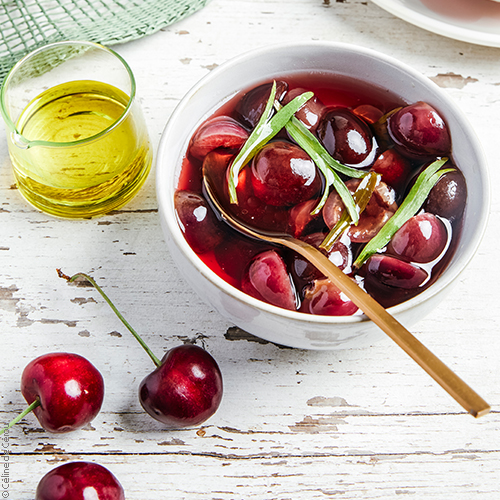 huiles et olives, recettes, cerises pochées à l'estragon, huile d'olive et chocolat blanc