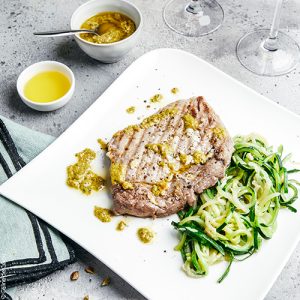 huiles et olives, recettes, pavé de boeuf mariné, sauce pistache à l'huile d'olive