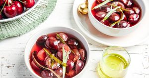 huiles et olives, recettes, cerises pochées à l'estragon, huile d'olive et chocolat blanc