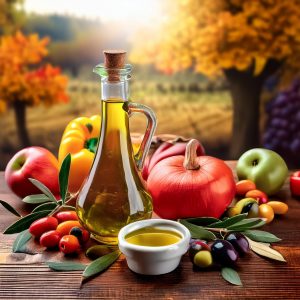 Cuisine d'automne, huile d'olive et produits de saison