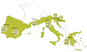 Carte des zone AOP pour l'huile d'olive en Europe
