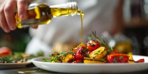 Un filet d'huile d'olive sur des légumes grillés