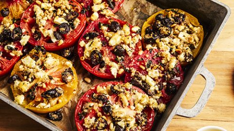 Recette de tomates à la provençale revisitée (feta, citron confit, olives noires de Nyons AOP, huile d'olive)
