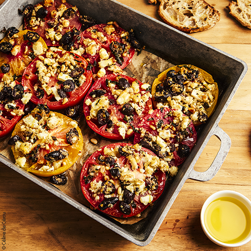 Recette de tomates à la provençale revisitée (feta, citron confit, olives noires de Nyons AOP, huile d'olive)