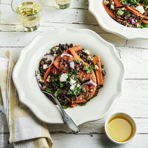 recette de salade de lentilles, feta, légumes rôtis, huile d'olive