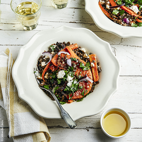recette de salade de lentilles, feta, légumes rôtis, huile d'olive