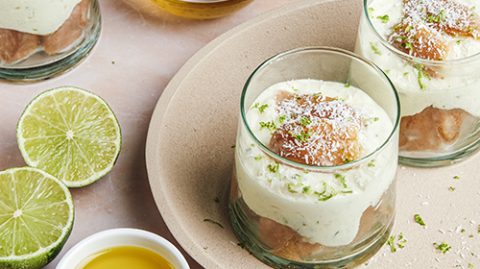 recette de tiramisu à la noix de coco, citron vert, basilic, huile d'olive de Nice AOP