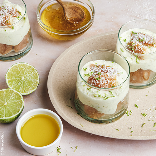 recette de tiramisu à la noix de coco, citron vert, basilic, huile d'olive de Nice AOP