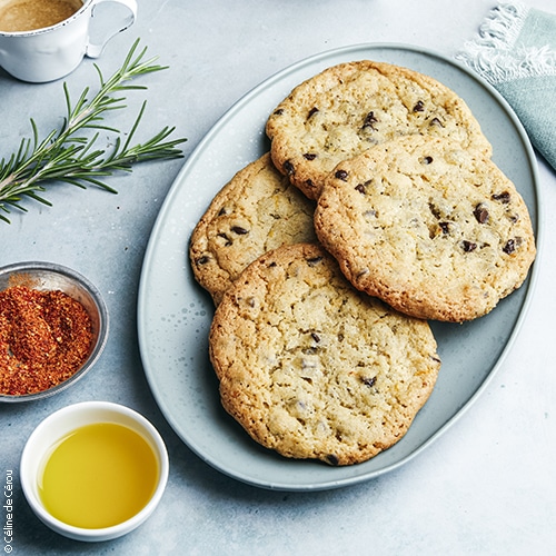 recette de Cookies chocolat, romarin, piment d'Espelette, huile d'olive d'Aix-en-Provence AOP