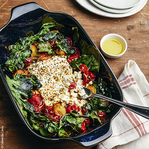recette de Feta rôtie aux épinards, tomates cerises, huile d'olive de Provence AOP