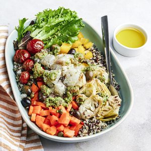 recette de poke bowl provençal, huile d'olive de Haute-Provence AOP, poisson, pistou