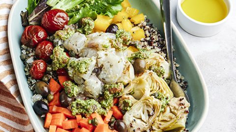 recette de poke bowl provençal, huile d'olive de Haute-Provence AOP, poisson, pistou