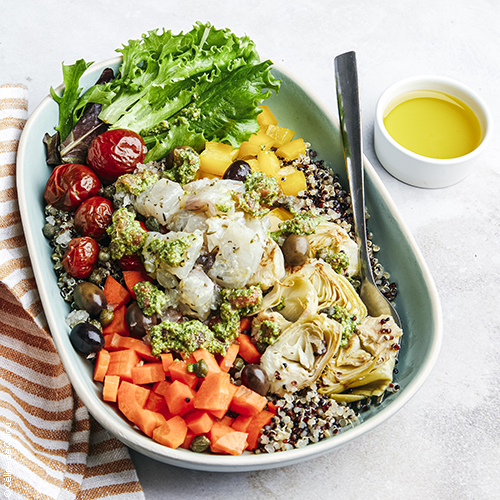 recette de poke bowl provençal, huile d'olive de Haute-Provence AOP, poisson, pistou