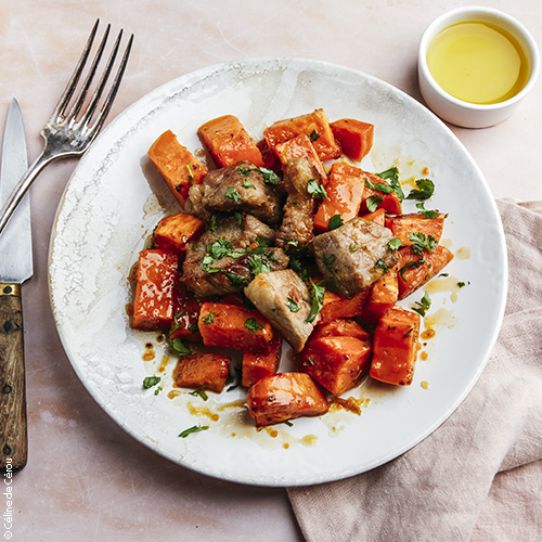 recette de Porc caramélisé aux agrumes, patates douces rôties, huile d'olive de Nîmes AOP
