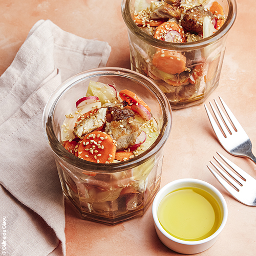 recette de Salade tiède de porc croustillant & légumes croquants, huile d'olive