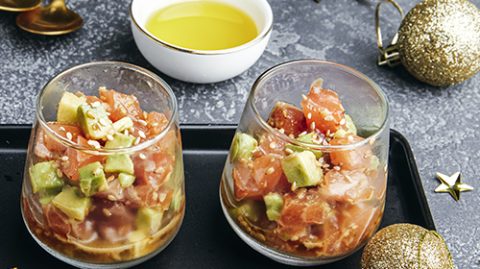 ltartare de saumon aux agrumes & huile d’olive du Languedoc AOP, variante asiatique