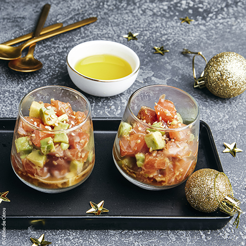 ltartare de saumon aux agrumes & huile d’olive du Languedoc AOP, variante asiatique